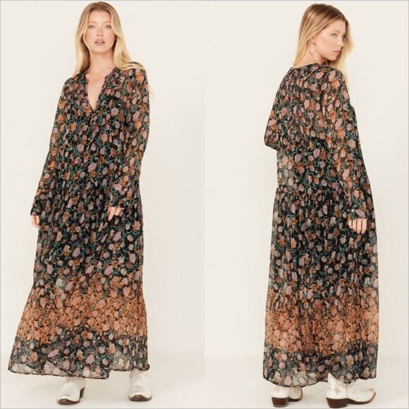 Free People See It Through Maxi Dress Size Small Floral Black Boho Cottage - Picture 1 of 10